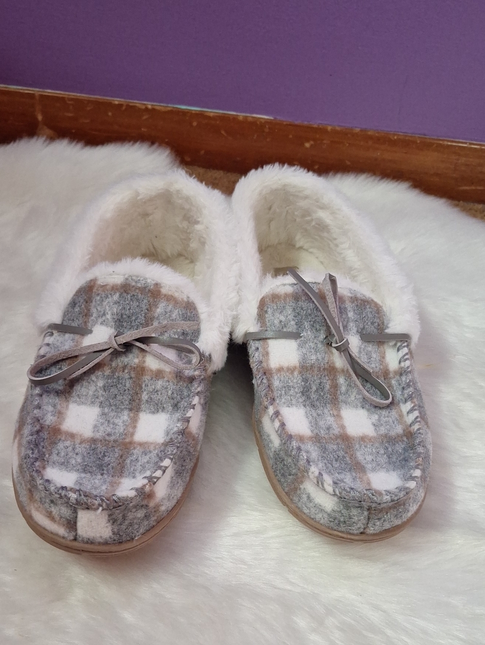St. John's Bay Plaid Faux-Fur Lined Moccasin Slippers in Gray, White, and Brown
